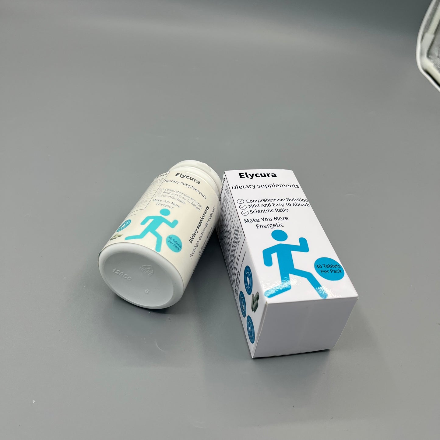 Elycura Dietary supplements with 30 tablets per pack, designed to boost users' daily energy levels.