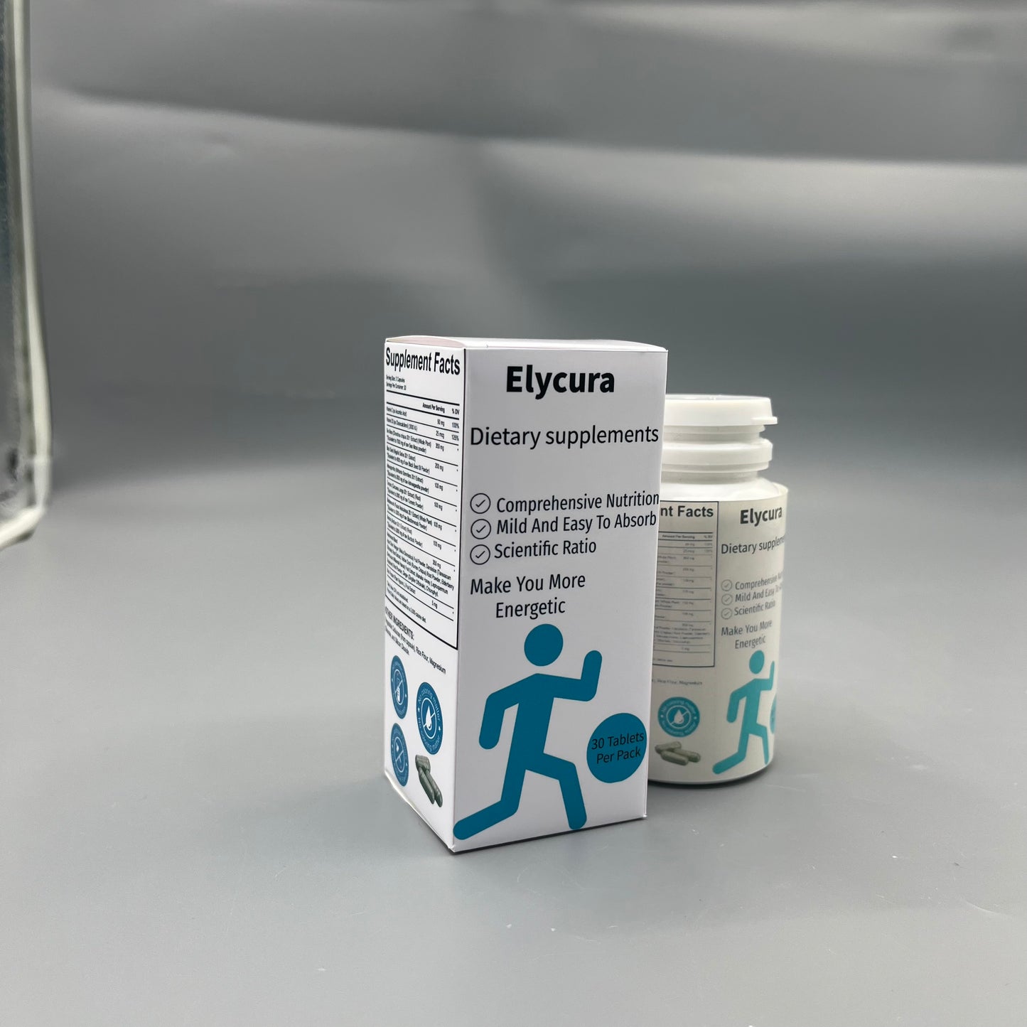 Elycura  Dietary supplements   with 30 tablets per pack, designed to boost users' daily energy levels.