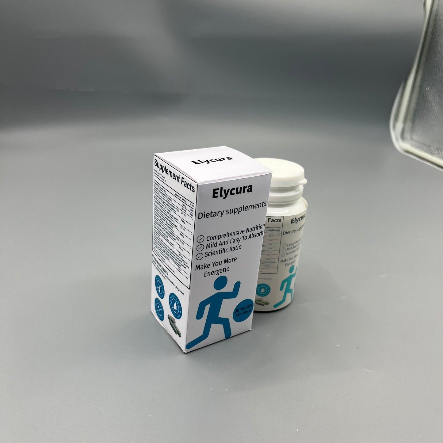 Elycura  Dietary supplements   with 30 tablets per pack, designed to boost users' daily energy levels.