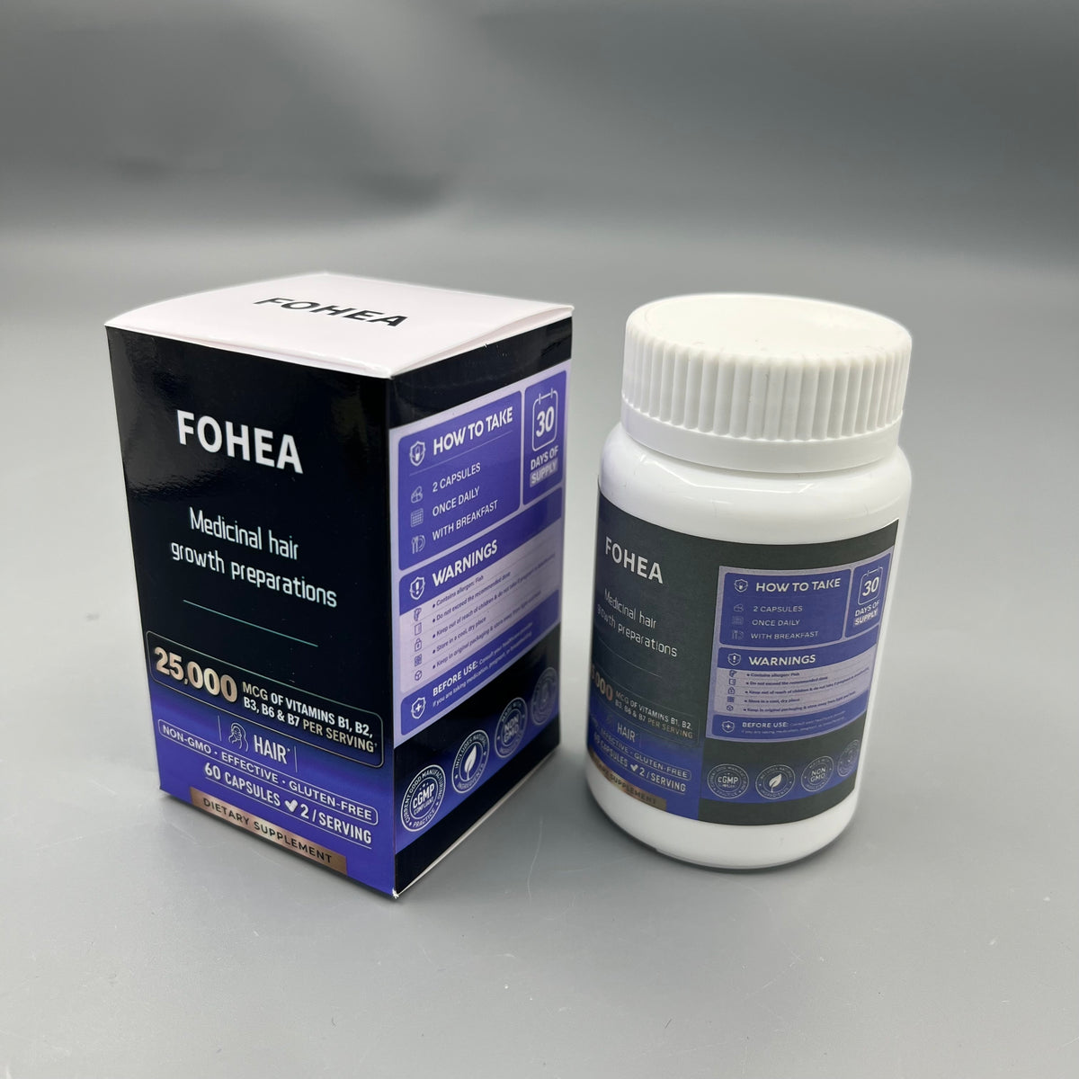 FOHEA  Medicinal hair growth preparations  , Hair Support Dietary Supplement Capsules, Vitamin B Complex for Hair Health, Non-GMO Gluten Free, 60 Capsules