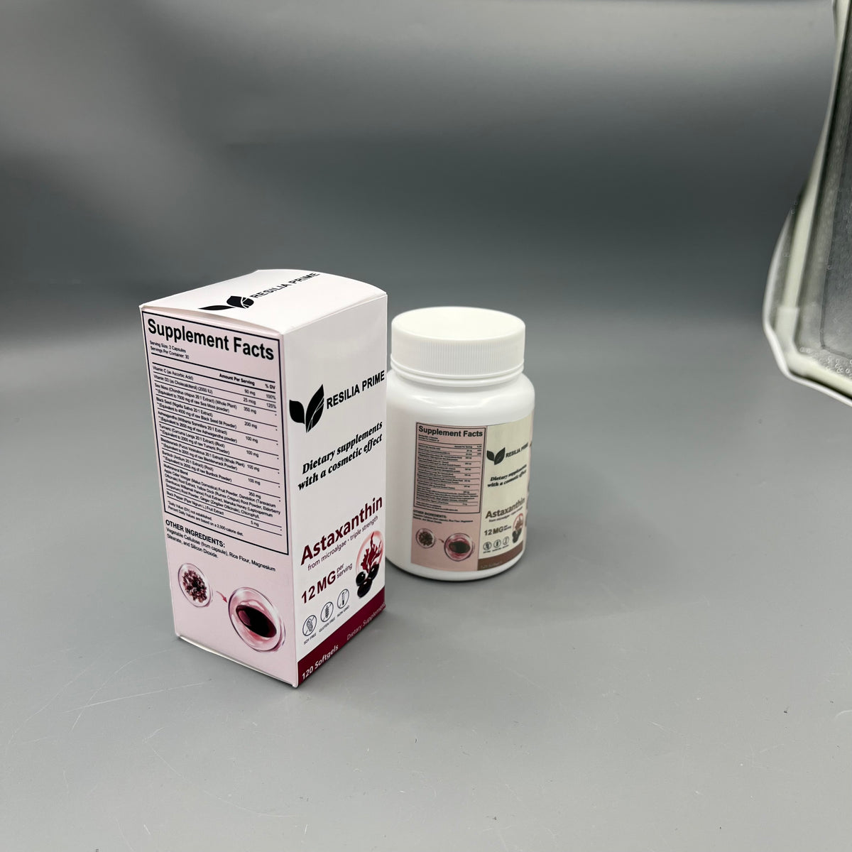 RESILIA PRIME   Dietary supplements with a cosmetic effect 12mg Astaxanthin Softgels from Microalgae, 120 Count, Dietary Supplements with Cosmetic Effect