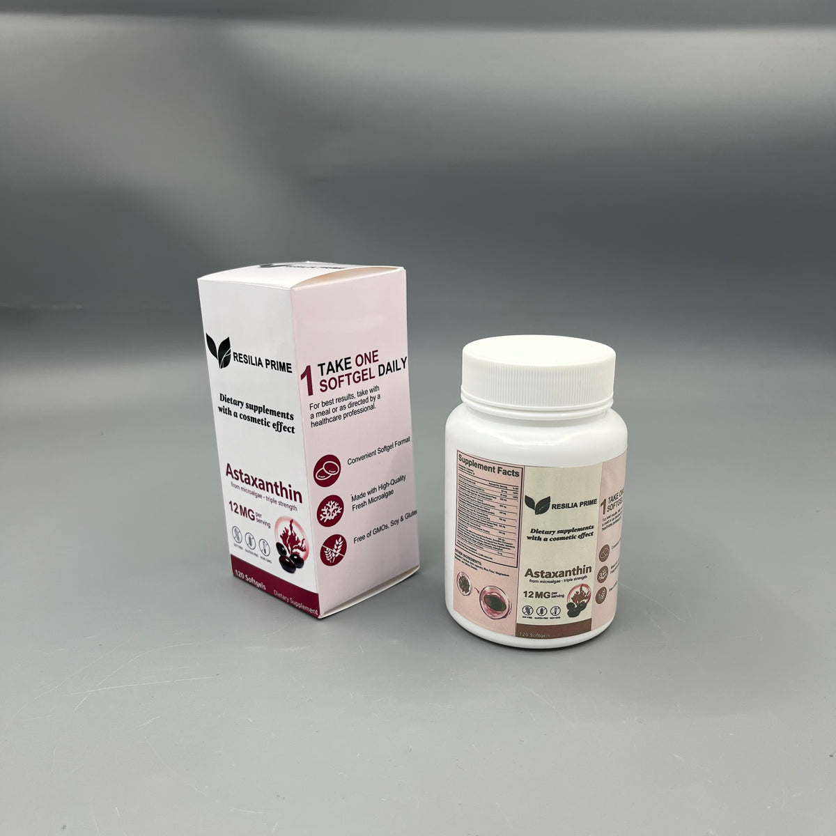 RESILIA PRIME   Dietary supplements with a cosmetic effect 12mg Astaxanthin Softgels from Microalgae, 120 Count, Dietary Supplements with Cosmetic Effect