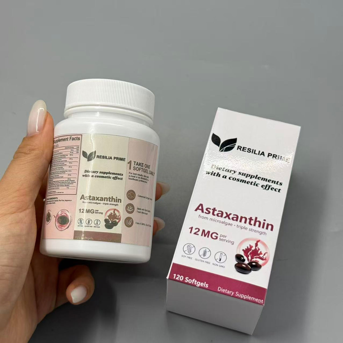 RESILIA PRIME   Dietary supplements with a cosmetic effect 12mg Astaxanthin Softgels from Microalgae, 120 Count, Dietary Supplements with Cosmetic Effect